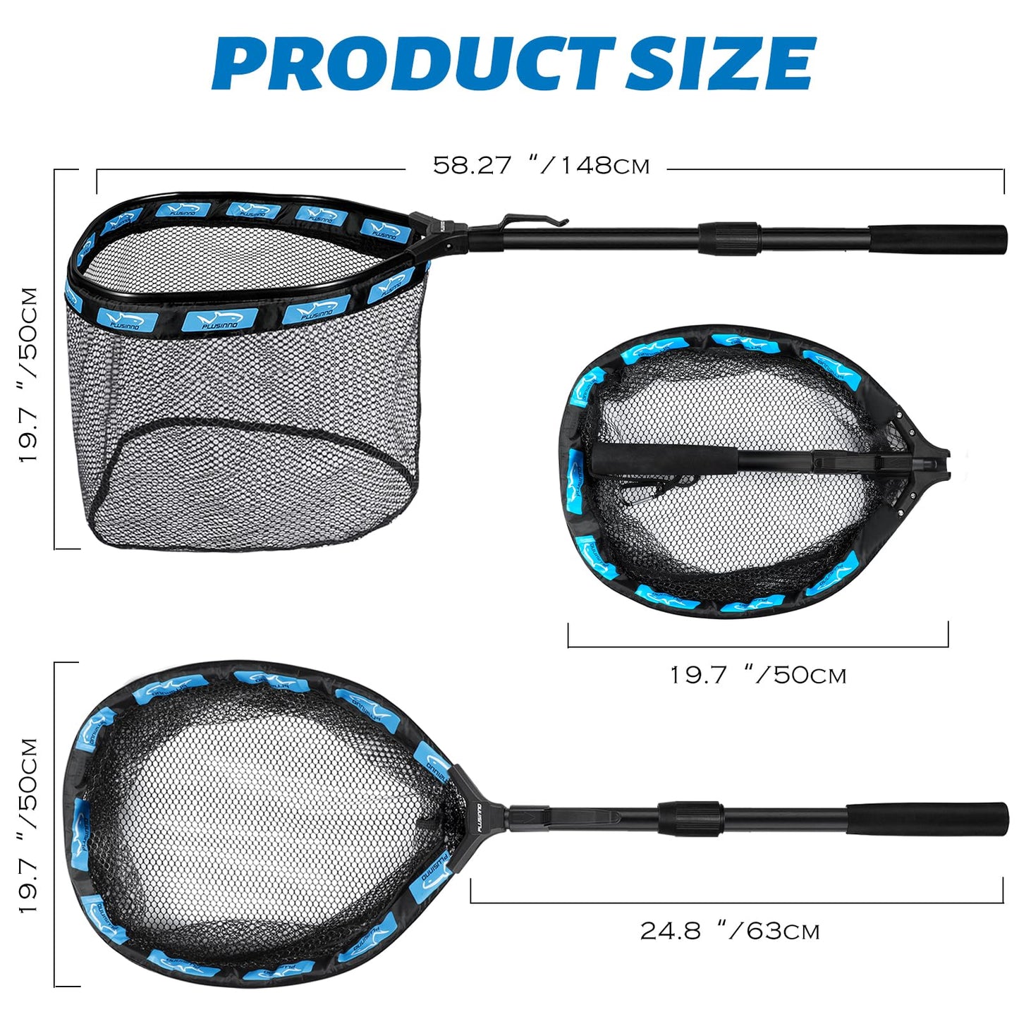 PLUSINNO Fishing Net Fish Floating Landing Net, Kayak Nets with Fixed Foldable Telescopic Pole Handle, Bass Trout Fishing Nets with Nylon Mesh for Pond Lake River, Fishing Gear Gifts for Men,Blue 1.5M