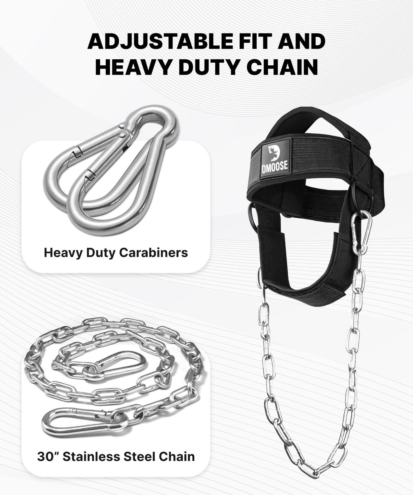 DMoose Fitness Neck Harness for Weight Lifting - Adjustable Head & Chin Strap with 30" Heavy Duty Steel Chain - Neck Exerciser, Trainer & Strengthener to Support Injury Recovery & Intense Workouts