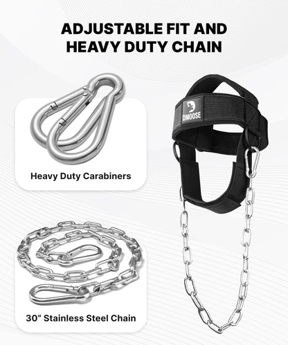 DMoose Fitness Neck Harness for Weight Lifting - Adjustable Head & Chin Strap with 30" Heavy Duty Steel Chain - Neck Exerciser, Trainer & Strengthener to Support Injury Recovery & Intense Workouts