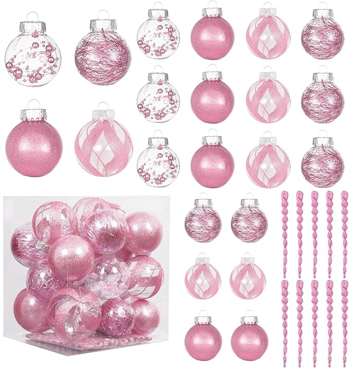 XmasExp 32ct Christmas Ball Ornaments Set -Pink Clear Plastic Shatterproof Xmas Tree Ball Decorations Hanging Baubles for Holiday Decor