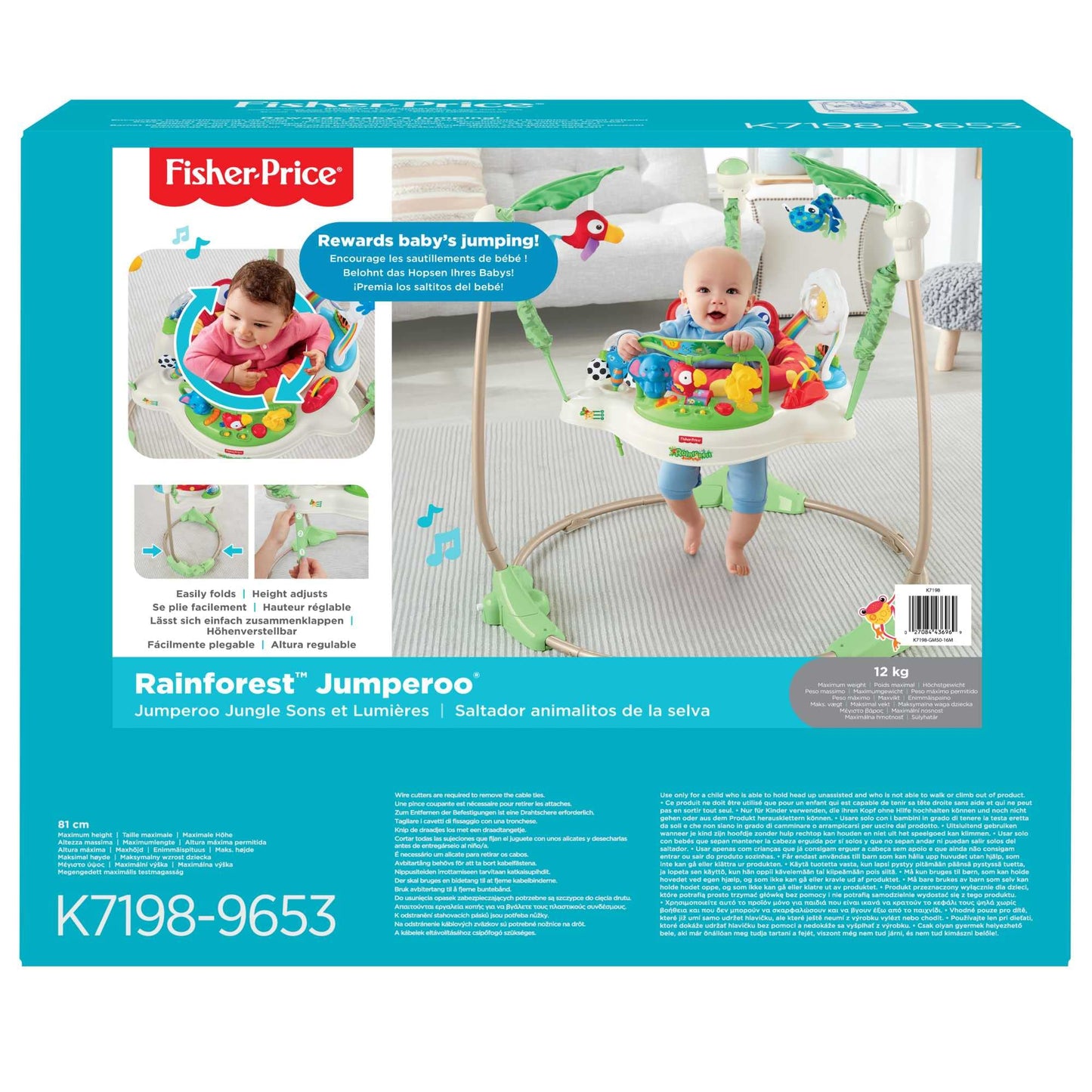 Fisher-Price Jumperoo Baby Activity Center with Lights Sounds and Music, Interactive Baby Bouncer, Rainforest, K7198