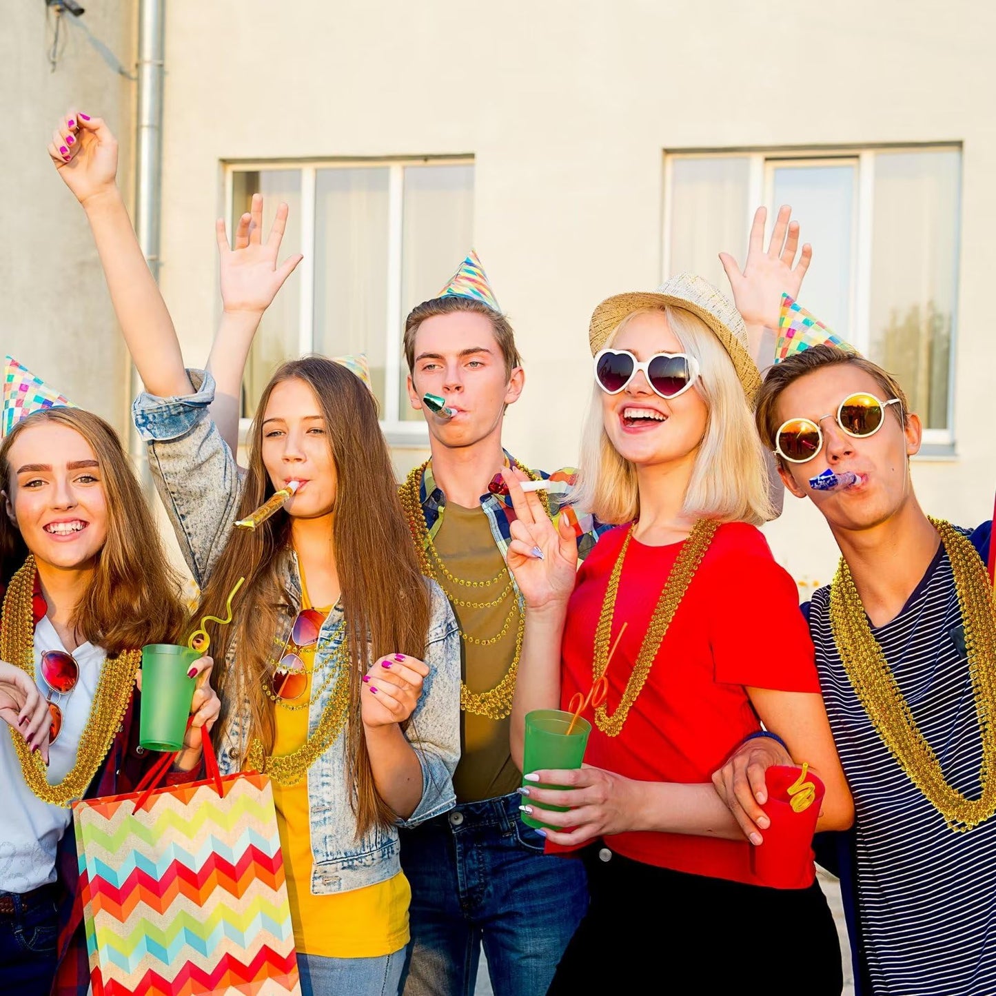 Gold Bead Necklace, 24PCS Christmas Bead Necklaces Stuff, 33" Mardi Gras Xmas Beaded Necklace Costume, Festival Parade Throw Accessories for Wedding Birthday Pirate Party Baby Shower Supplies Decor