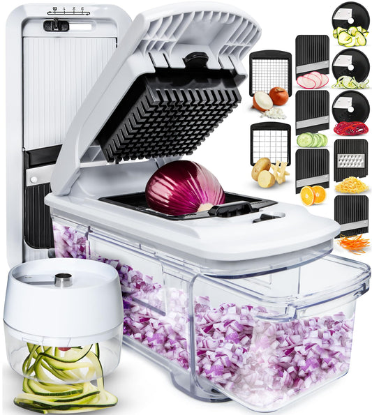 Fullstar All-in-1 Vegetable Chopper and Mandoline Slicer for Kitchen - Cheese Grater, French Fry Cutter, Cheese Slicer - Bonus Handheld Spiralizer Included (6 in 1, Black/White)