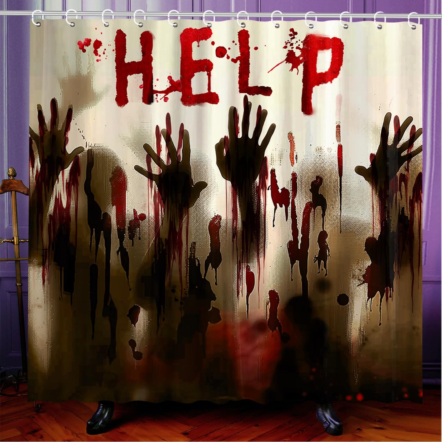 FuWeave 8 Pcs Halloween Help Me Shower Curtain Set for Bathroom Include Scary Ghost Shadow Bloody Hands Shower Curtain Towels Non Slip Rugs Toilet Lid Cover Bath Mat and 12 Hooks for Bathroom Decor