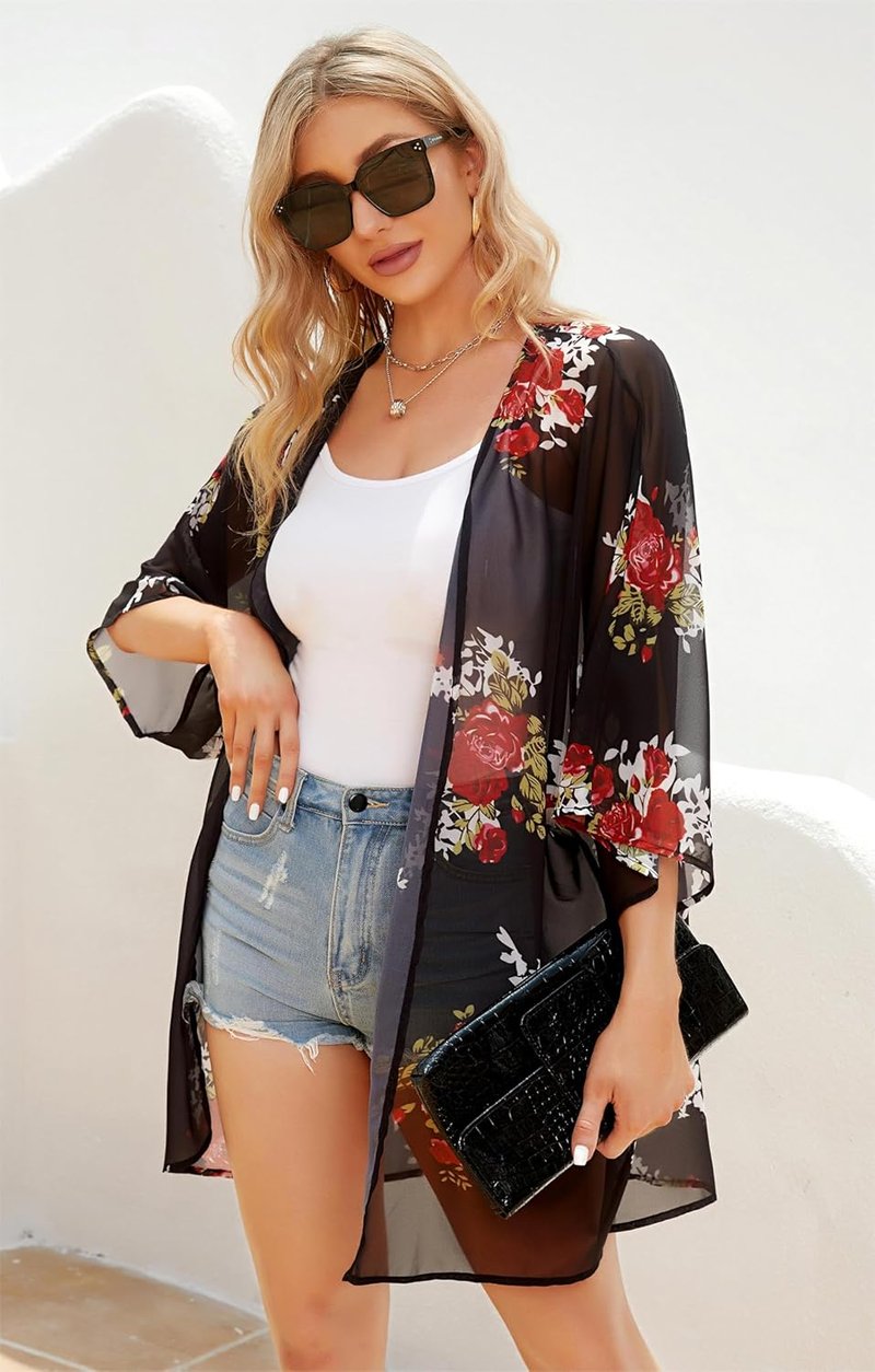 Floral Print Puff Sleeve Kimono Cardigan - Casual Loose Blouse Top for Women | 2026 Style