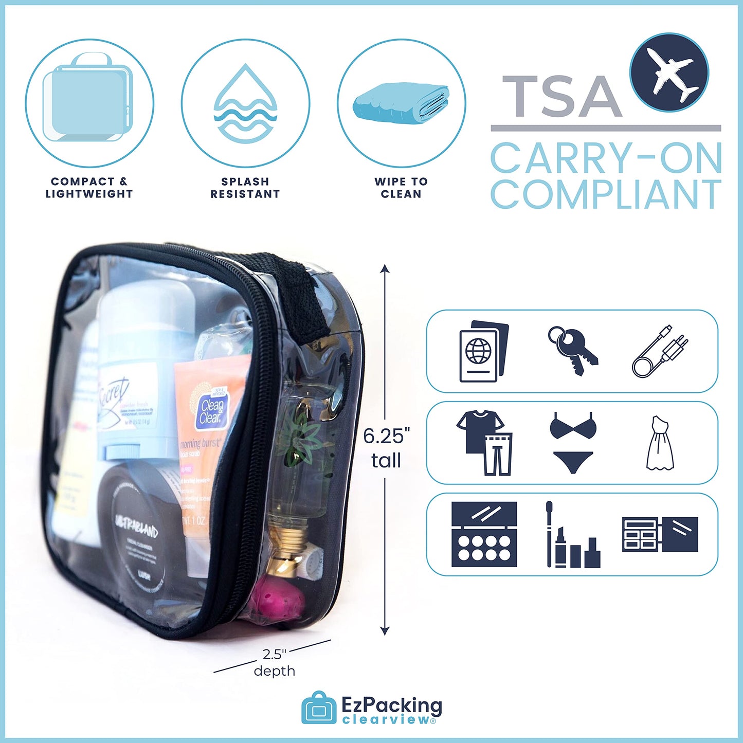 Clear TSA Approved 3-1-1 Travel Toiletry Bag/Transparent See Through Organiser (Black)
