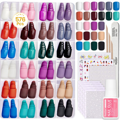 Beetles Press on Nails Kit 720Pcs 24 Colors, Press on Nails Short Almond Glossy Matte Glitter With Nail Glue & Nail Tabs Stickers, Natural Fit Lightweight Fake Nails Kit Art For Women Girls