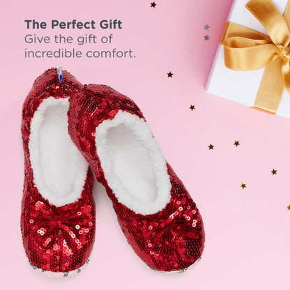 Snoozies Ballerina Bling Metallic Shine Slippers | Sequin House Shoes for Women | Slipper Socks with Grippers | Cute Indoor Footwear (Red, Large)