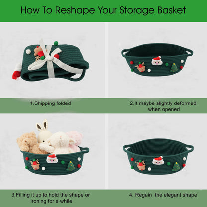 JUNBOLE Christmas Basket Empty with Gift Bag and Ribbons Woven Storage Basket13”x10”x5” Christmas Gift Baskets to Fill gifts Small Cotton Rope storage Basket(dark green, large)