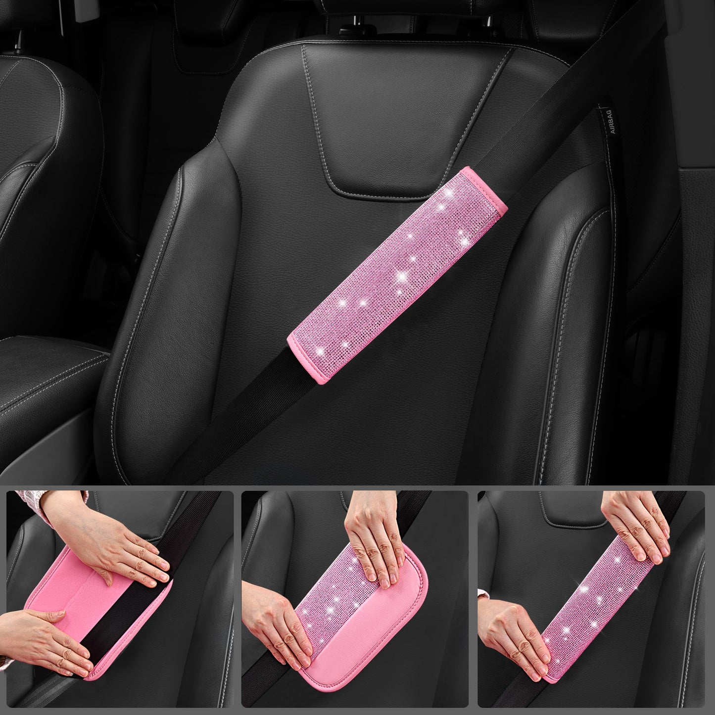 CAR PASS Bling Pink Car Accessories Set for Women, Sparkly Rhinestone Diamond Steering Wheel Cover Seat Belt Cushion Glitter Shift Knob Cover Car Cup Holder Coaster Cute Interior Sets, Pink 22 PCS