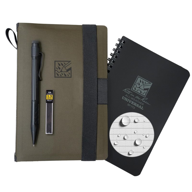 Rite in the Rain Weatherproof Side Spiral Kit: TPU Fabric Cover, 4.625" x 7" Black Notebook, and Tough Mechanical Pencil (No. M973-KIT)