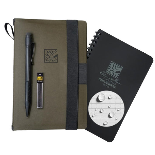 Rite in the Rain Weatherproof Side Spiral Kit: TPU Fabric Cover, 4.625" x 7" Black Notebook, and Tough Mechanical Pencil (No. M973-KIT)
