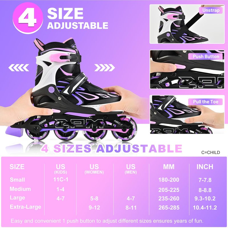 2PM SPORTS Vinal Inline Skates for Girls Boys Kids Ages 5-8 8-12 with Adjustable Illuminating Wheels, Inline Roller Skates for Youth Women Men - Purple Pink Small