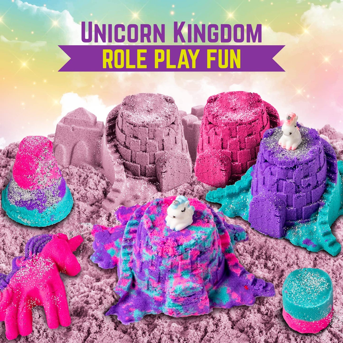 GirlZone Unicorn Kingdom Sand Kit, Craft Set with Squishy Sand, 7 Sand Toy Tools, & More in a Carry Case, Fun Toy for Playdates and Great Gift Idea