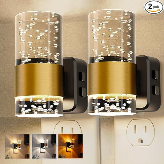 Night Lights Plug into Wall 2 Pack, Dimmable Night Light with Dusk-to-Dawn Light Sensor, Soft White/Cool White/Amber 3 Light Color, Adjustable Brightness, Rotatable plug, Bubble Nightlight for Hallway