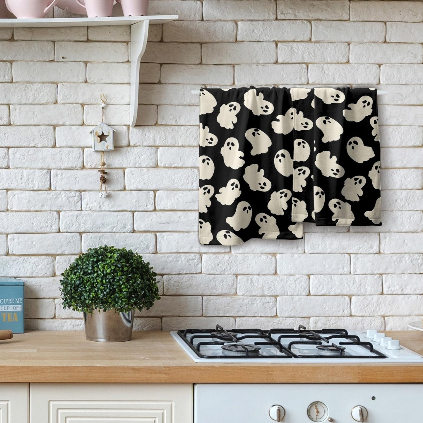 Granbey Halloween Ghost Hand Towels Pack of 2 White Spooky Ghost Black Face Towel 28.3x14.4 Inch Happy Halloween Holiday Decorative Super Soft Kitchen Towels for Bathroom Home Hotel Gym