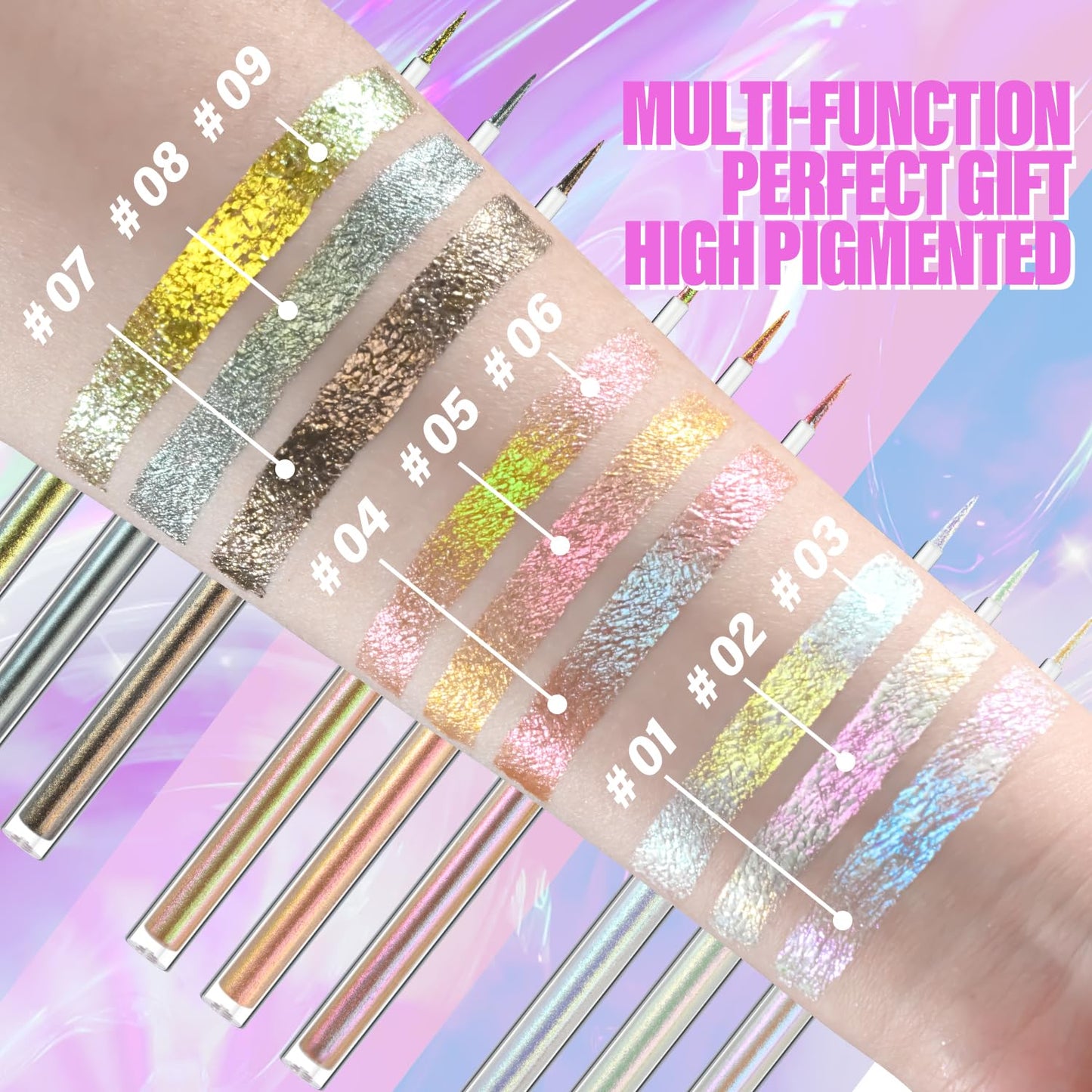 JUR MORNIER Multichrome Liquid Eyeshadow Set,3 Colors Multi-Dimensional Fairy Makeup,High Pigment Waterproof Aurora Eye Shadow,Ultre Fine Tip Glitter Eyeliner (01 Aurora+02 Twilight+03 Moonbow)