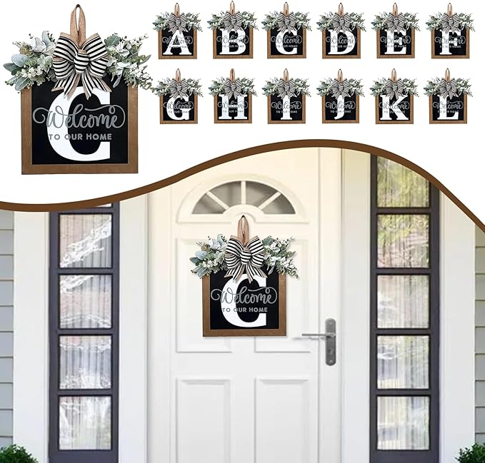 Ultra Large 14'' Last Name All Year Round Front Door Wreath with 26 Initial Letter Welcome Sign All Seasons Eucalyptus Garland and Bow Wreaths for Front Door Porch Farmhouse Decoration (C)