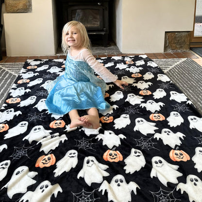 Halloween Throw Blanket: Jack O Lantern Pumpkins White Ghosts and Spiderwebs on Soft Black Velvet Fleece for Sofa, Couch, Chairs and Bed