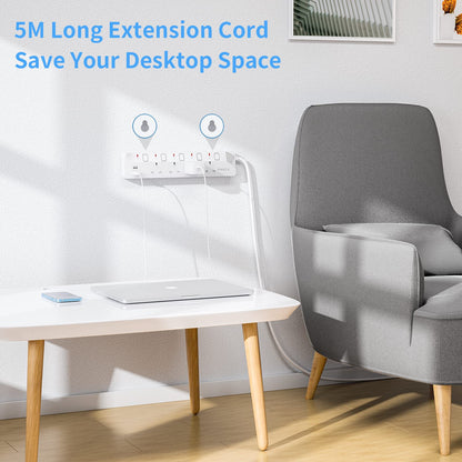 5M Extension Lead with Individual Switches, 13A 4 Way Power Strip 2 USB Lead with USB Slots Multi Plug Socket Extensions 5 Meters Long Extension Cord