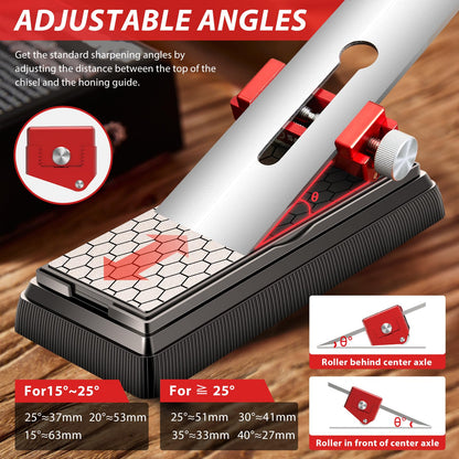 Saker Honing Guide with Whetstone - Red Off-Center Upgraded Honing Tool and Diamond Sharpening Stone Set Kit for Kitchen Knife, Short Chisels and Planes, Fine/Coarse Plate, 400/1000/Grit