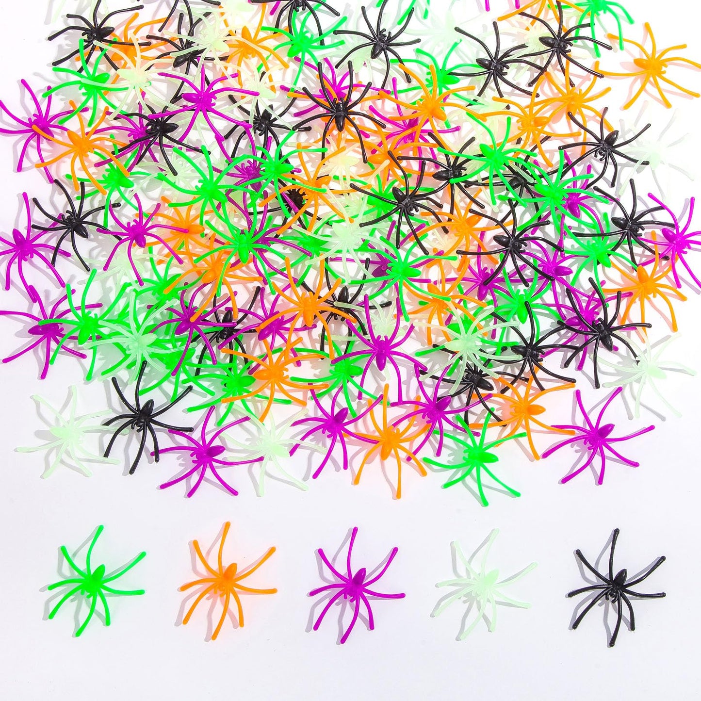 150PCS Plastic Spiders Halloween Small Plastic Spiders Fake Spiders Realistic Spider Toys Prank Props for Home and Party Decor, 2 x 1.8 Inches, Black, Green, Orange, Purple, Glow in The Dark Spiders