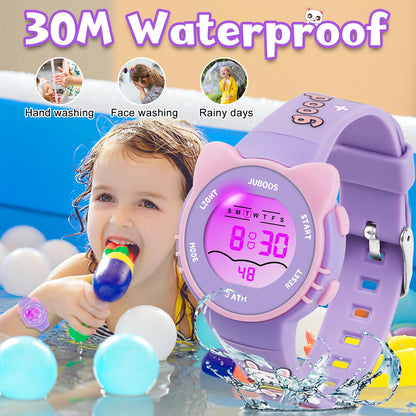 Juboos Kids Digital Watch,Watches for Girls Boys,Children's Waterproof Wrist Watches with Print and Colourful Lights,Toddler Watch with Cat Ears for Boys Girls (Orchid)