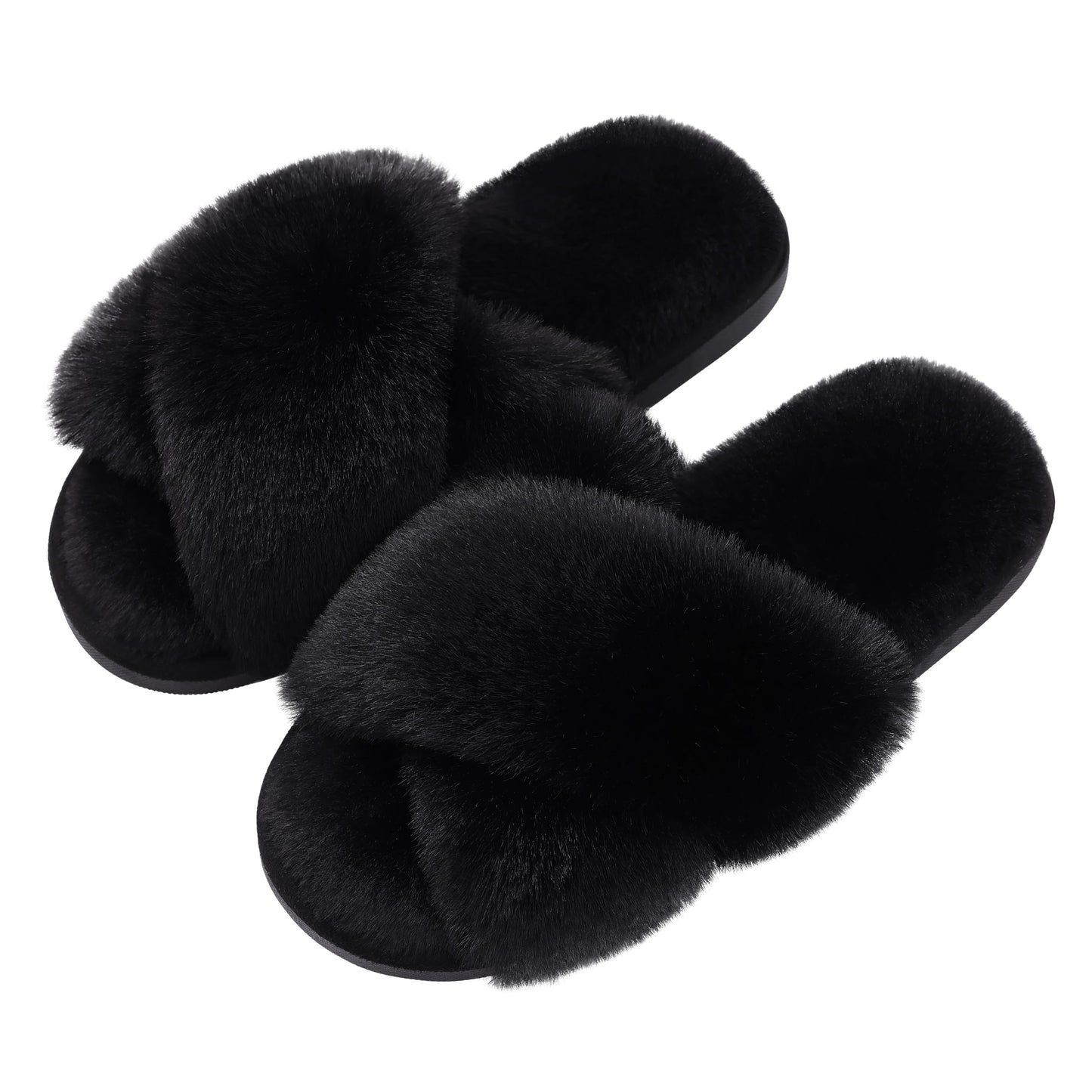 Evshine Women's Fuzzy Slippers Cross Band Memory Foam House Slippers Open Toe, Black, 36-37 (Size 5-6.5)