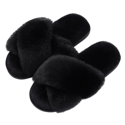 Evshine Women's Fuzzy Slippers Cross Band Memory Foam House Slippers Open Toe, Black, 36-37 (Size 5-6.5)