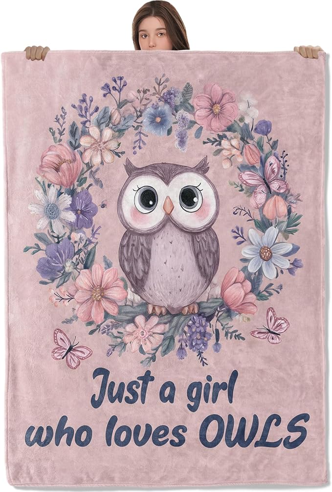 Owl Floral Lightweight Throw Blanket, Cute Cartoon Animal with Flower and Butterfly, Warm Soft Cozy Flannel Blankets, Couch Dorm Home Decor All Season Use, 50x40in, Pink, Gifts for Girls Women
