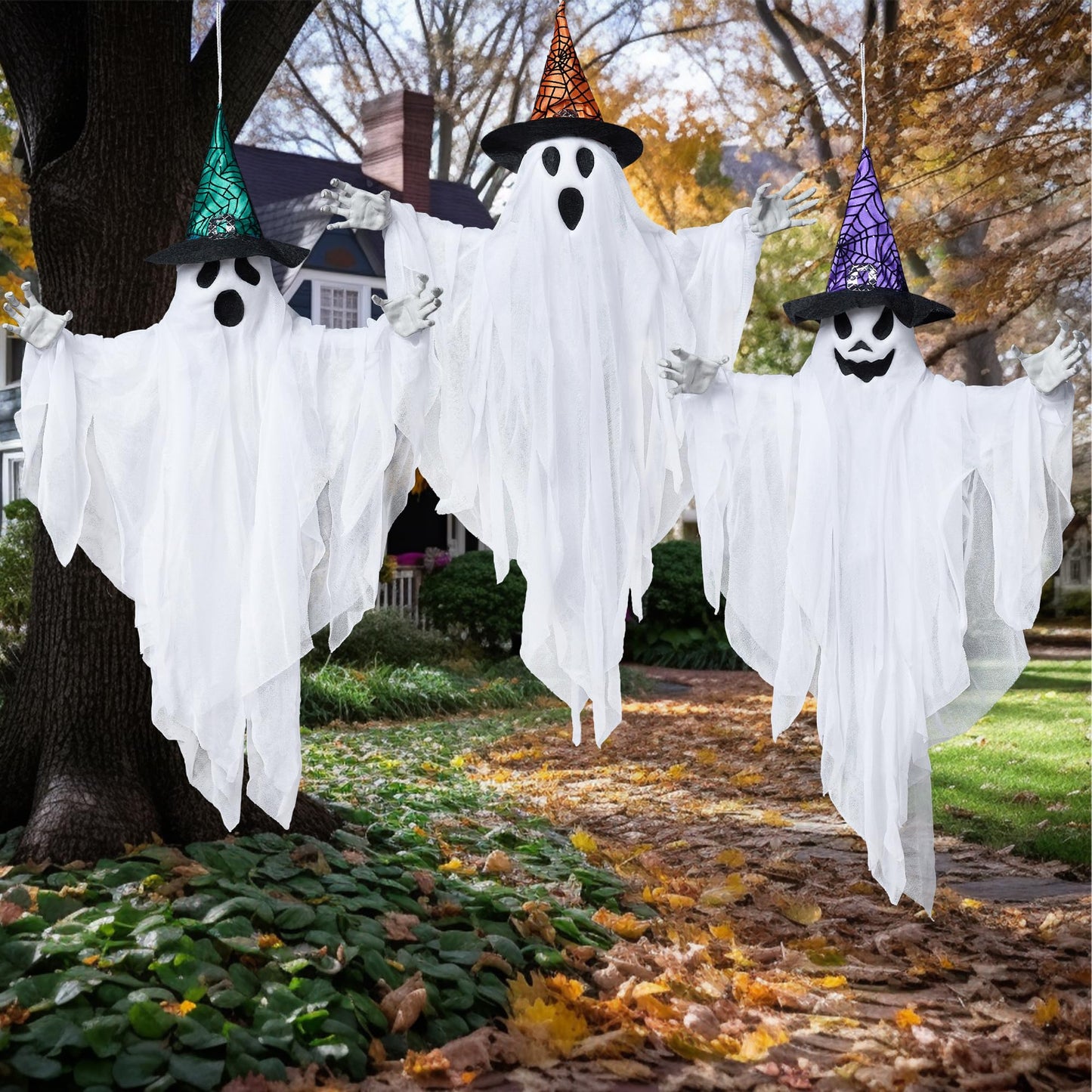 JOYIN 3 Pack 24.8" Halloween Hanging Ghost Decorations, Halloween White Flying Ghost with Hats for Haunted House Graveyard Scene, Spooky Indoor and Outdoor Decor