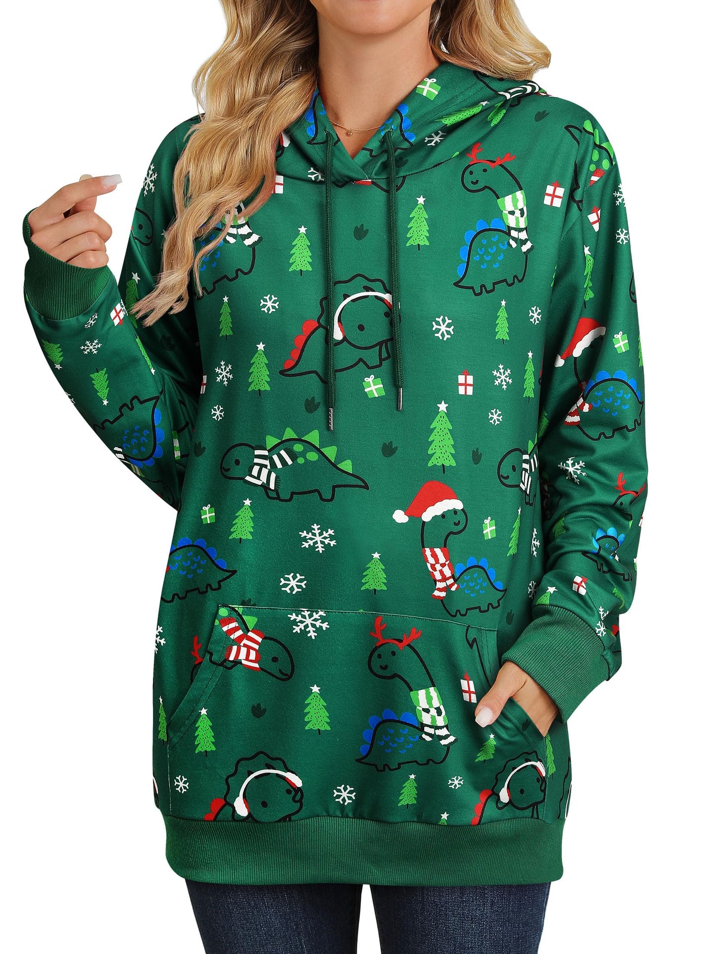 RMCMS Women Cute Dinosaur Graphic Hoodies Lightweight Comfrt Pullover Hoodies Casual Sweatshirts with Pockets Christmas Green M