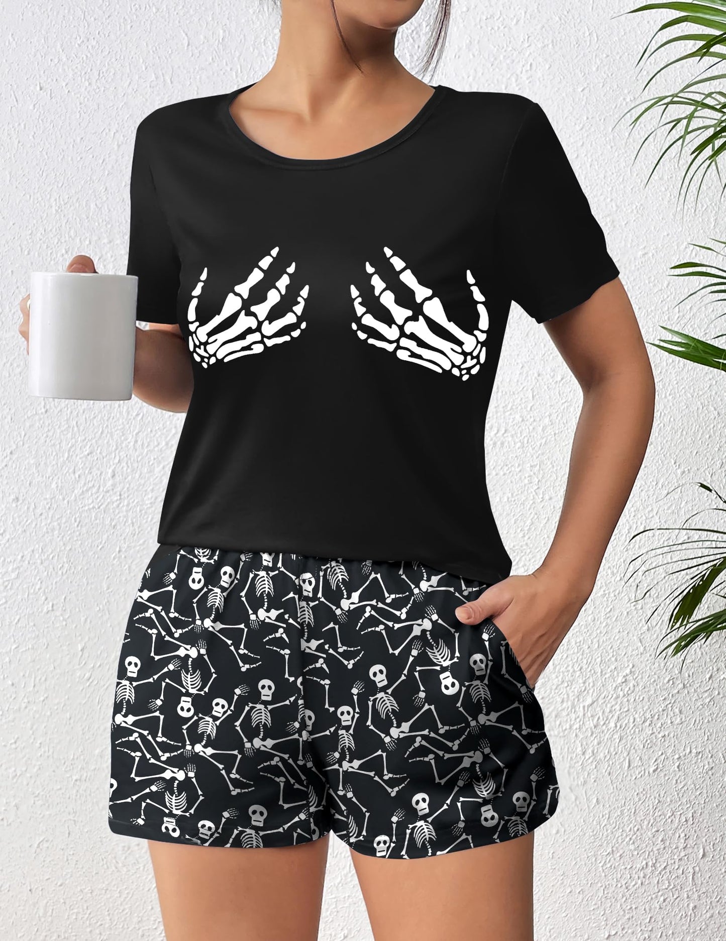 Ekouaer Women's Pajama Sets Short Sleeve Pjs 2 Piece Top and Shorts Sleepwear Comfy Soft Lounge Sets with Pockets Halloween Skeleton Print Small