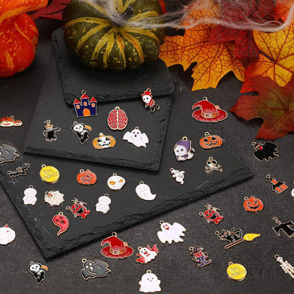 SANNIX 110Pcs 55 Pairs Halloween Charms Gold Enamel Jewelry Pendants for Halloween Earring Bracelet Necklace Craft Making