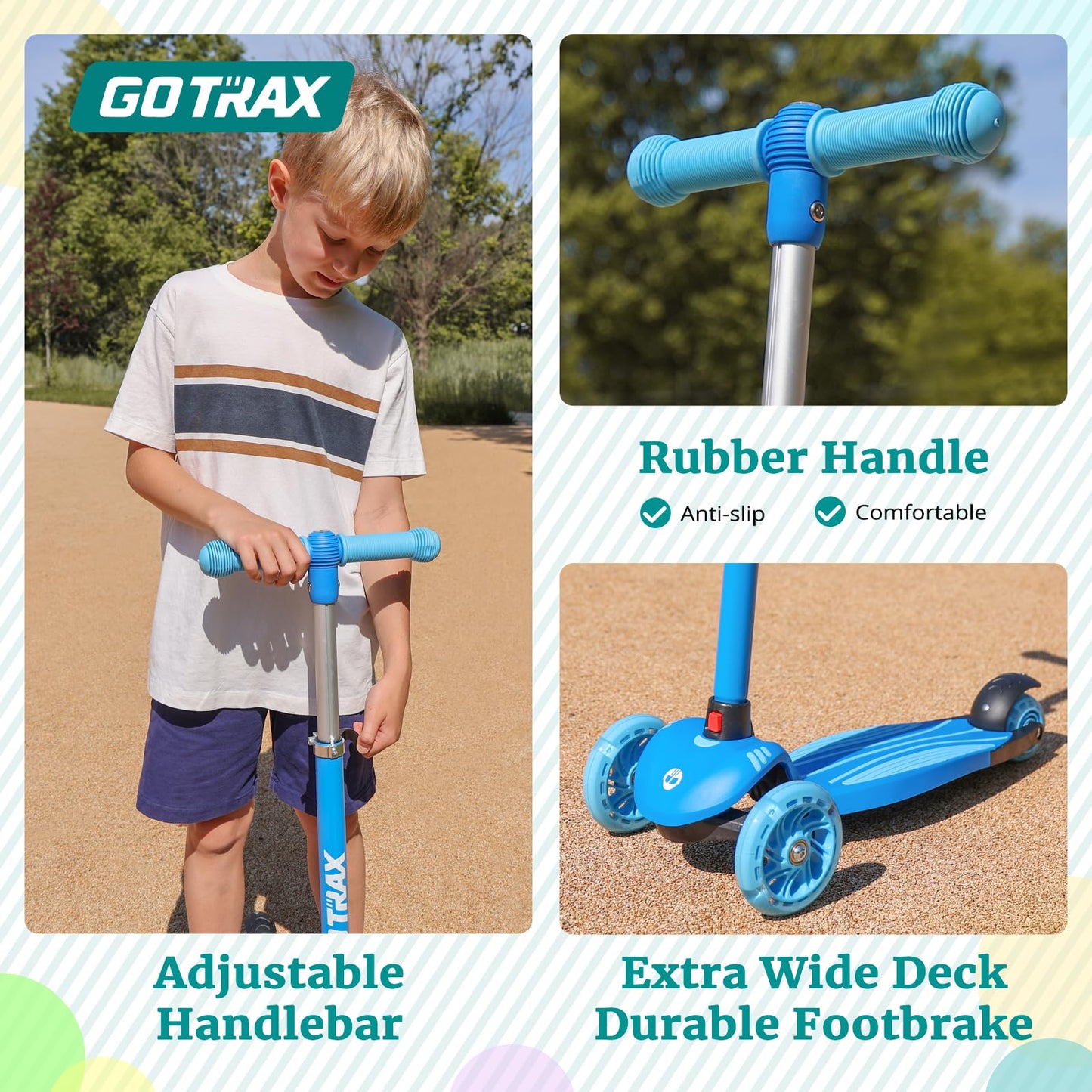 Gotrax KS1 Kids Kick Scooter, LED Lighted Wheels and 3 Adjustable Height Handlebars, Lean-to-Steer & Widen Anti-Slip Deck, 3 Wheel Scooter for Boys & Girls Ages 2-8 and up to 100 Lbs (Blue)