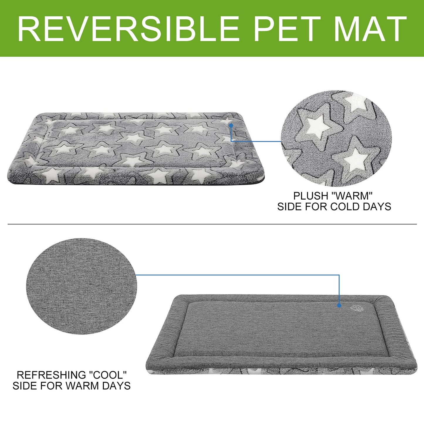 EMPSIGN Dog Bed Mat for Dog Cage (92 * 61 * 2.8cm, Dog Bed Pad Reversible (Cool & Warm), Machine Washable, Pet Sleeping Mat for Medium to Large Dogs, Grey, Star Pattern