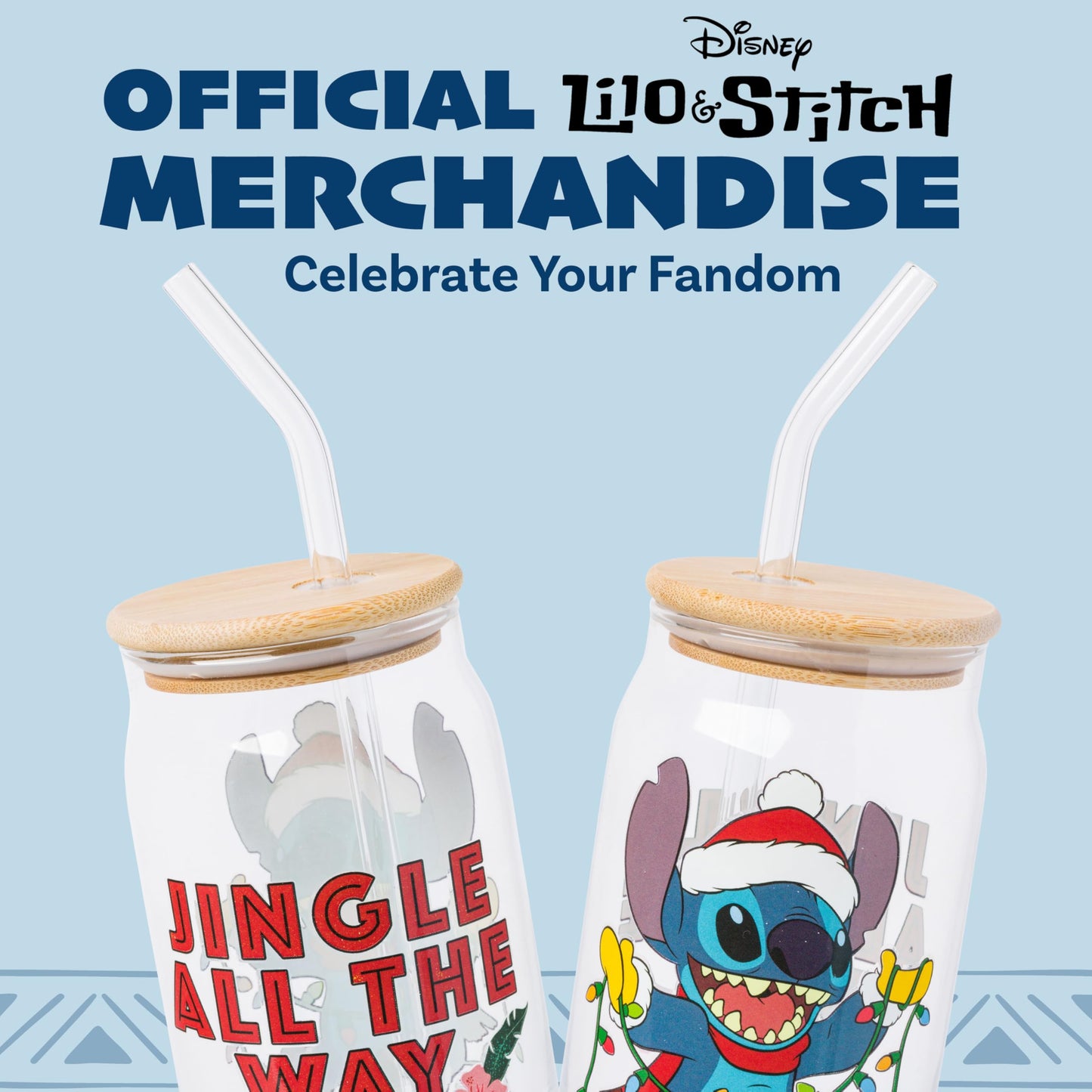 Silver Buffalo Disney Lilo and Stitch “Jingle All the Way” Glass Tumbler with Bamboo Lid and Glass Straw Featuring Stitch, 16 Ounces