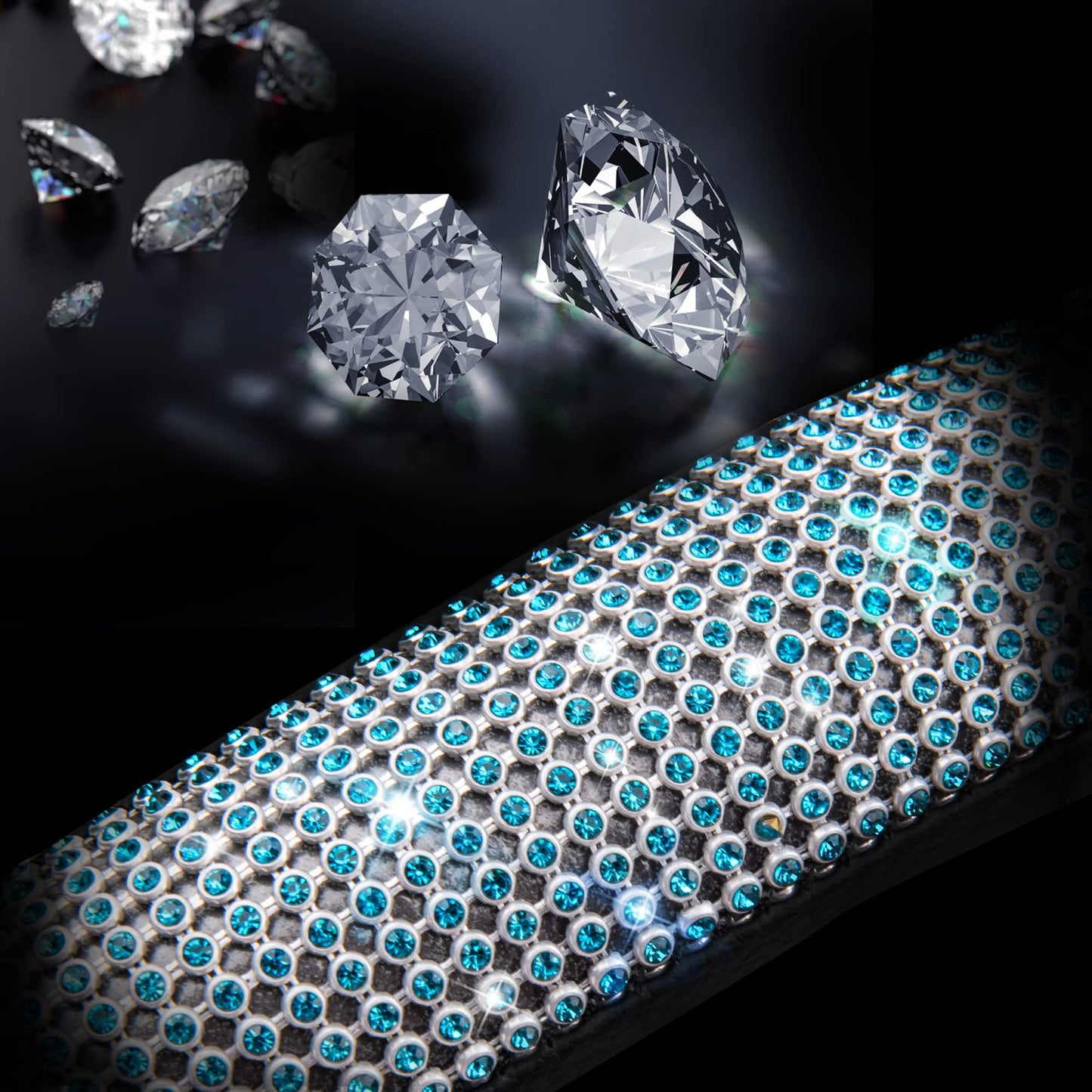 CAR PASS Mint Diamond Black Leather Steering Wheel Cover, Bling Blue Crystal Rhinestones Universal Fit 14"1/2-15" Crystal Glitter for Women Sparkle Girl Fit Suvs,Vans,Sedans,Cars,Trucks, Mint Diamond