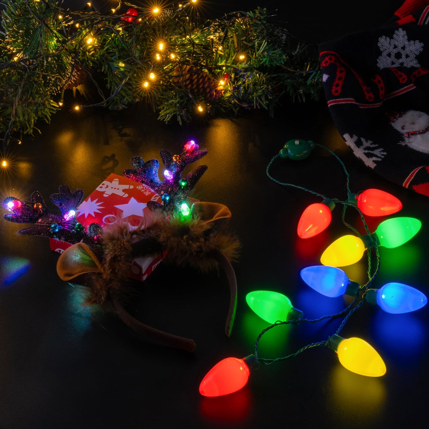 JOYIN 2PCS Christmas LED Necklace and Reindeer Headband, Light Up Necklace with 9 Bulbs, Christmas Headwear and Holiday Parties Xmas Costume Accessories Party Favors.