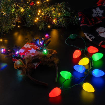 JOYIN 2PCS Christmas LED Necklace and Reindeer Headband, Light Up Necklace with 9 Bulbs, Christmas Headwear and Holiday Parties Xmas Costume Accessories Party Favors.