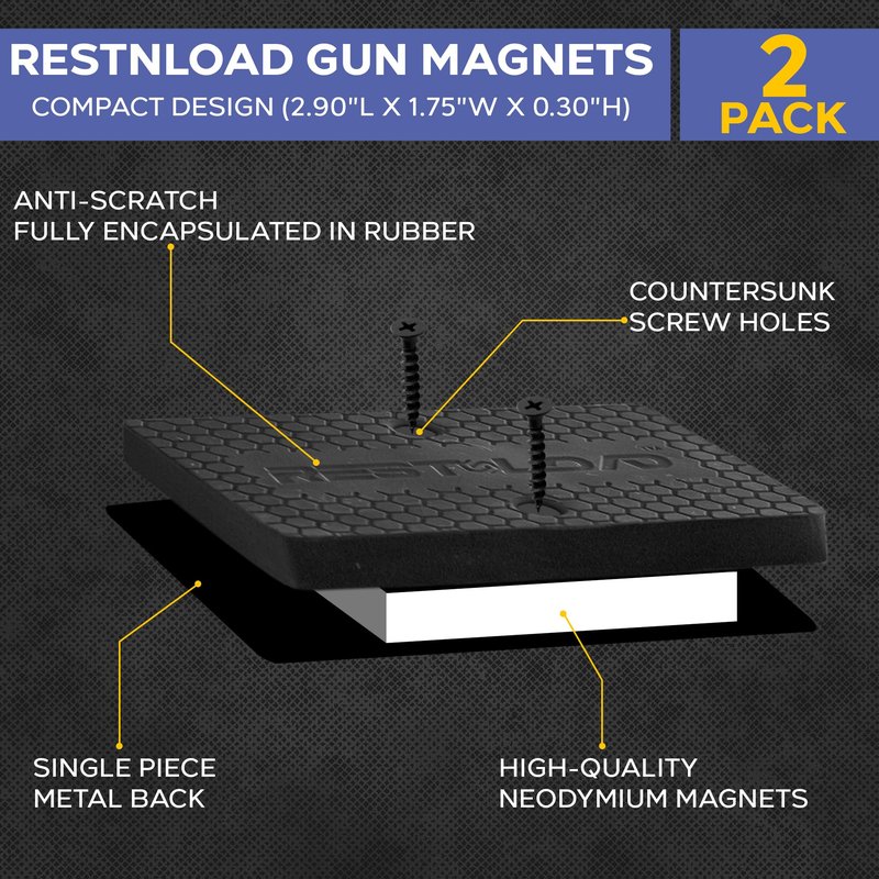RESTNLOAD Universal Magnetic Gun Mount, Gun Magnet 43lbs. Rating, (2-Pack) Gun Holder Magnetic Holster for Cars, Trucks, Walls, Desks, Fully Rubber Encapsulated Design