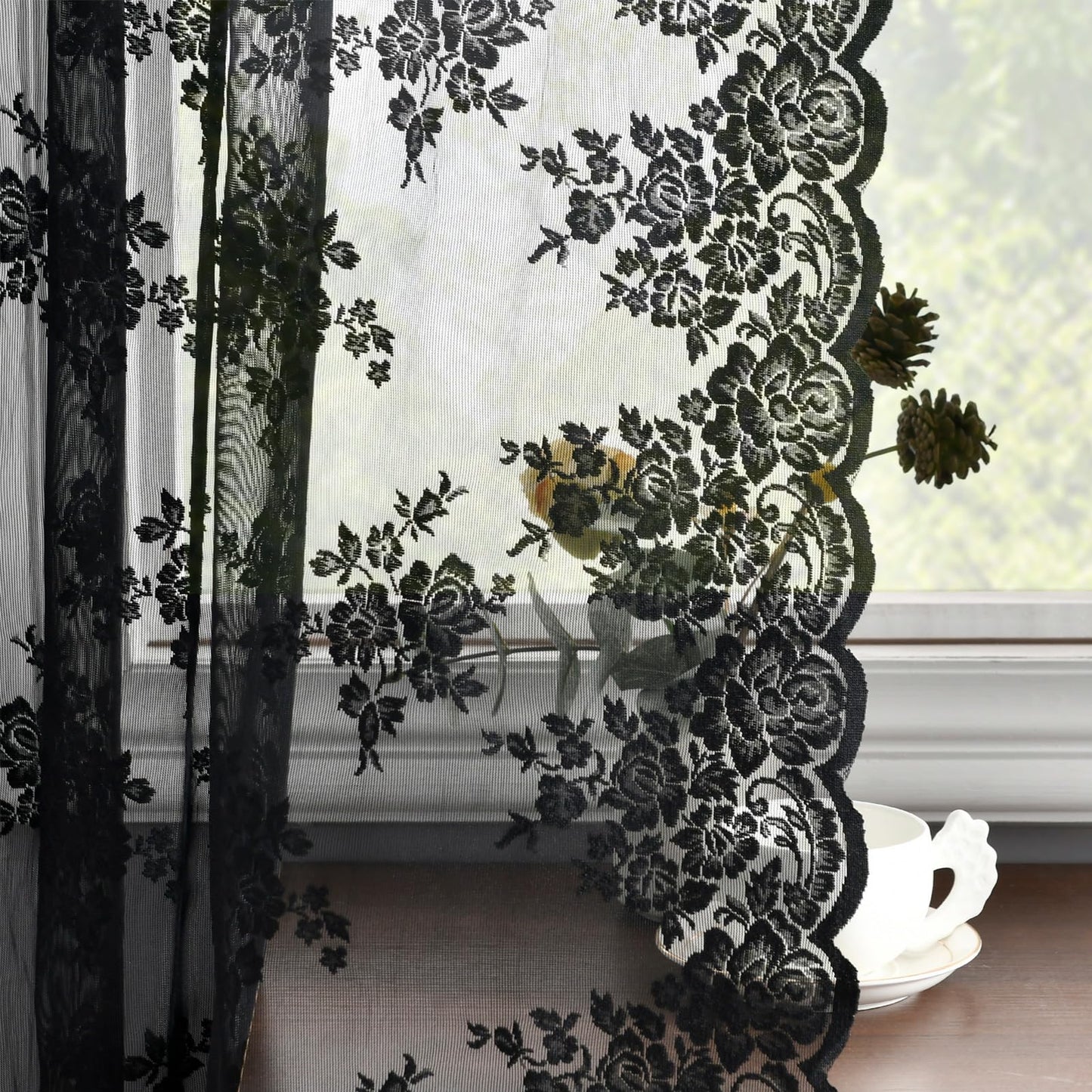Kotile Black Lace Curtains 63 Inch Length 2 Panels, Country Rustic Floral Gothic Sheer Curtains for Halloween, Rod Pocket Vintage Privacy Sheer Lace Curtains, 42 x 63 Inch Each, 1 Pair, Black