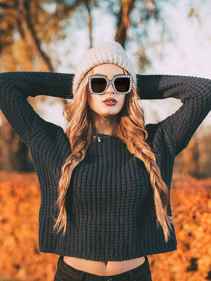 Frienda 1 Pcs Retro Disco Sunglasses Women Rhinestone Bling Glasses Girl Oversize Glitter Sunglasses 70s Disco Accessories(Black)