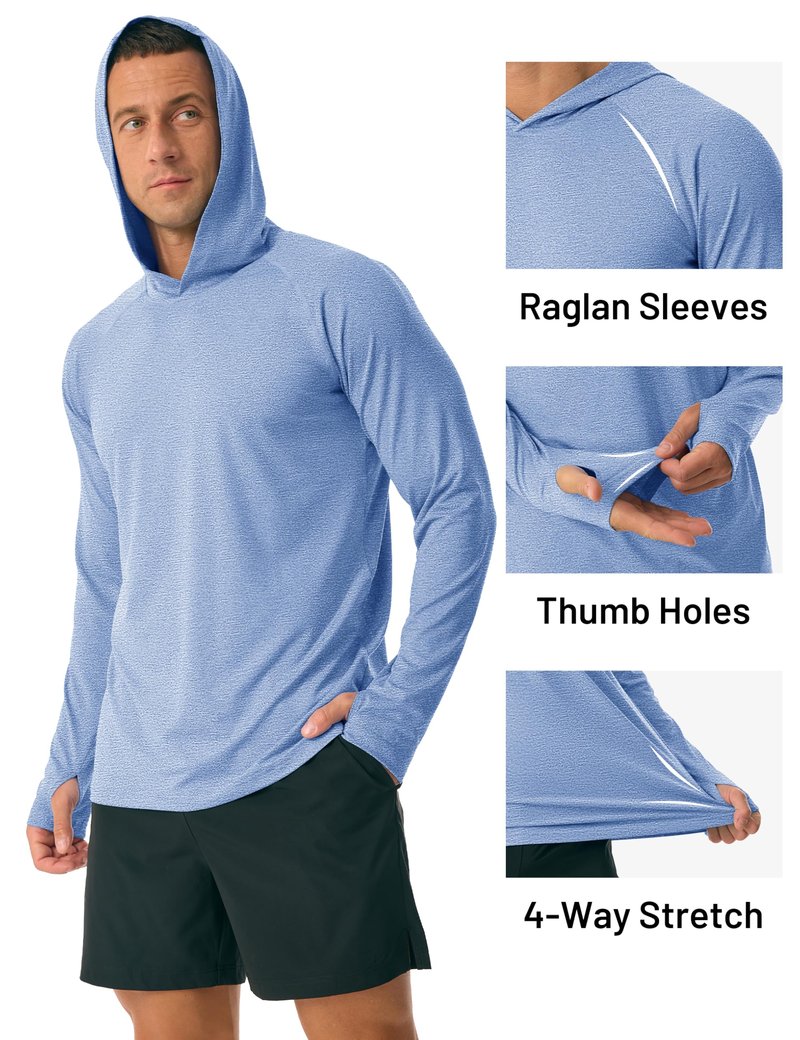 MAGCOMSEN Mens Long Sleeve Sun Hoodie Lightweight UPF 50+ Sun Protection Rash Guard Quick Dry Athletic Swim Water Shirts Light Blue, XL