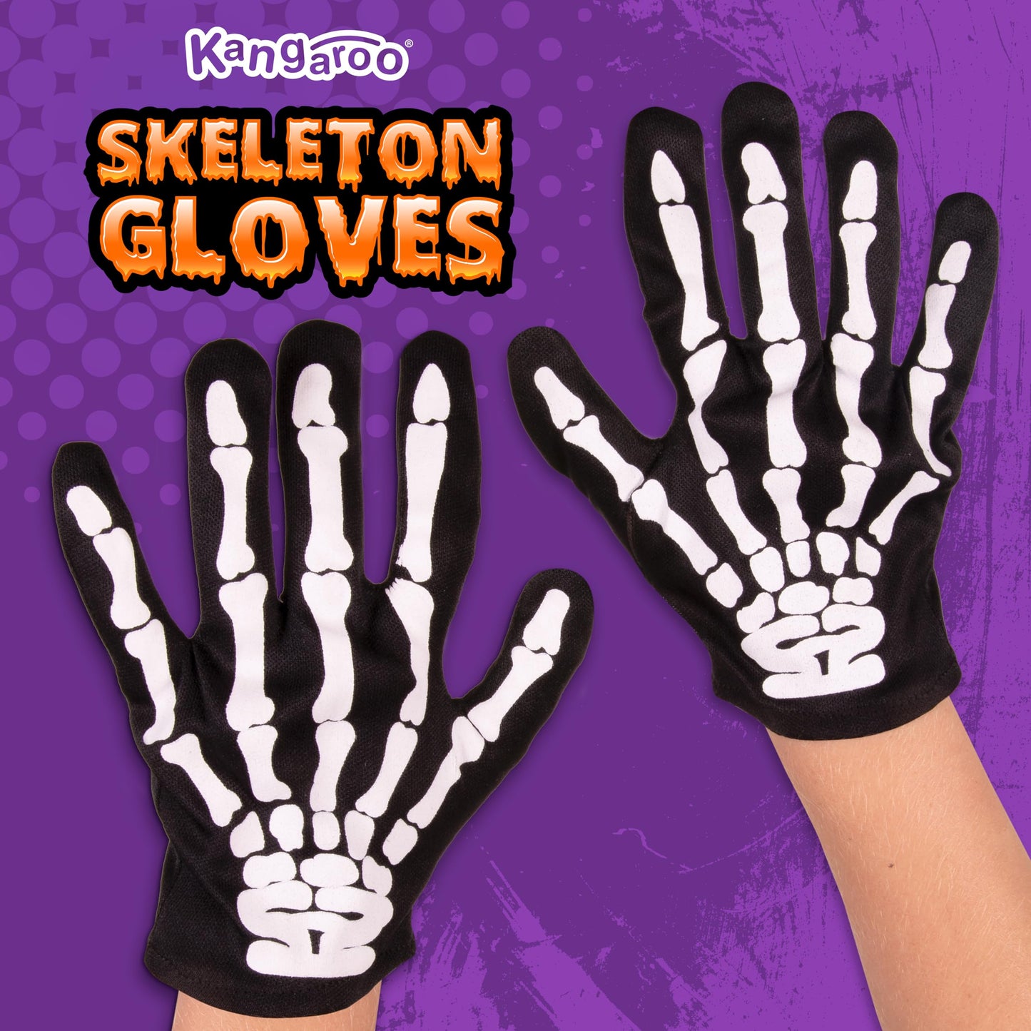Kangaroo Skeleton Gloves - Skull Hands Gloves for Kids - Bone Reaper Ghost Halloween Apparel Accessories - White Printed Black Skeleton Gloves