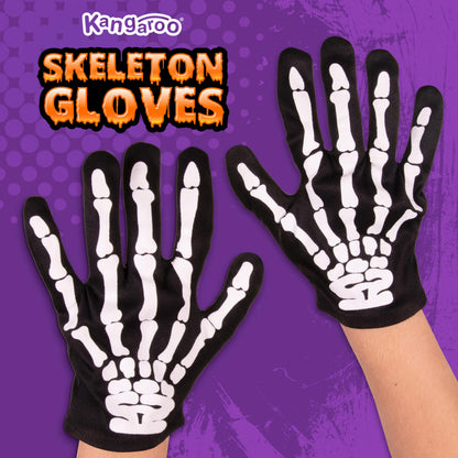Kangaroo Skeleton Gloves - Skull Hands Gloves for Kids - Bone Reaper Ghost Halloween Apparel Accessories - White Printed Black Skeleton Gloves