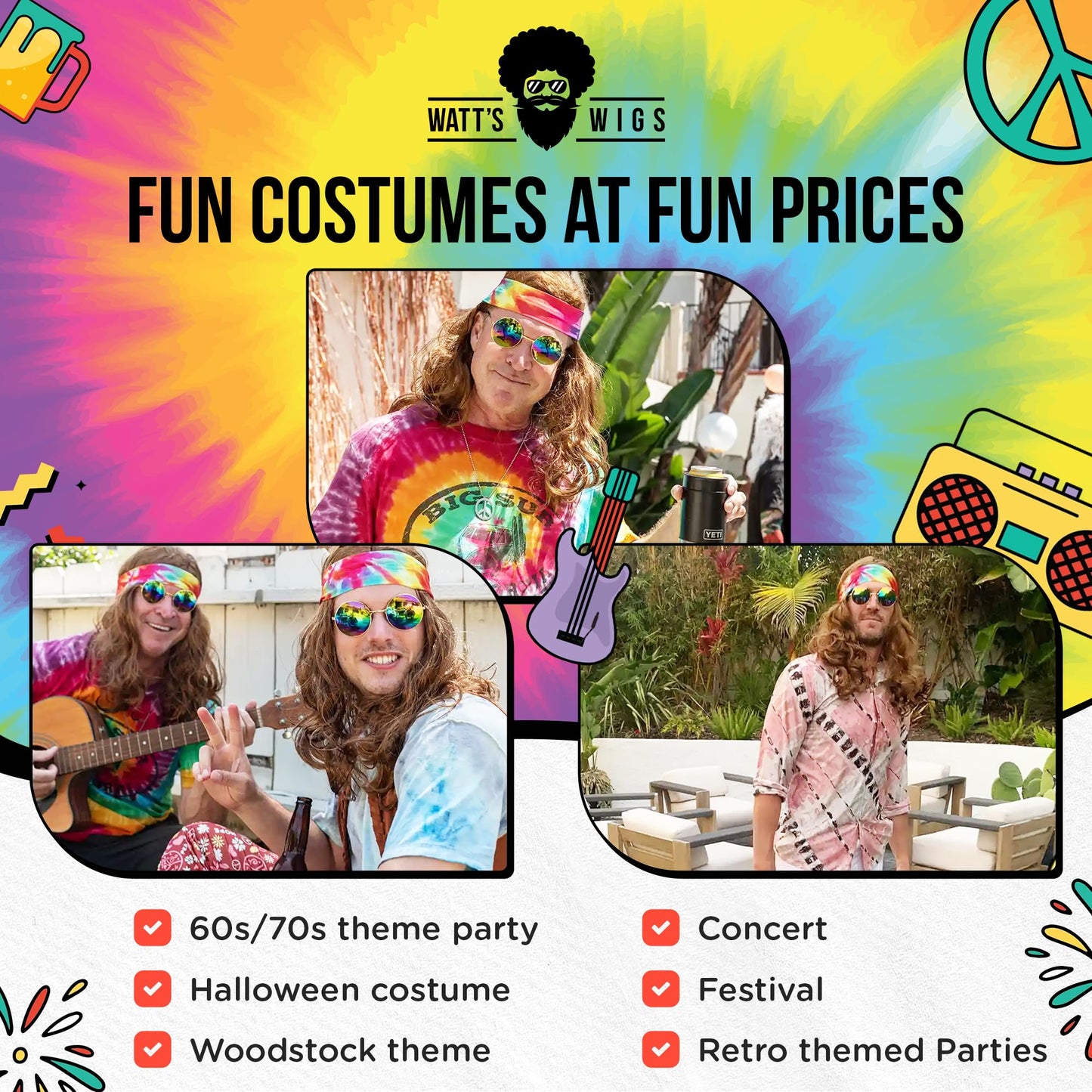 Watt's Wigs - Hippie Costume Set, Brown Wig, Tie Dye Headband, Rainbow Sunglasses, and Peace Medallion Necklace - 60s or 70s Hippy Woodstock Cosplay