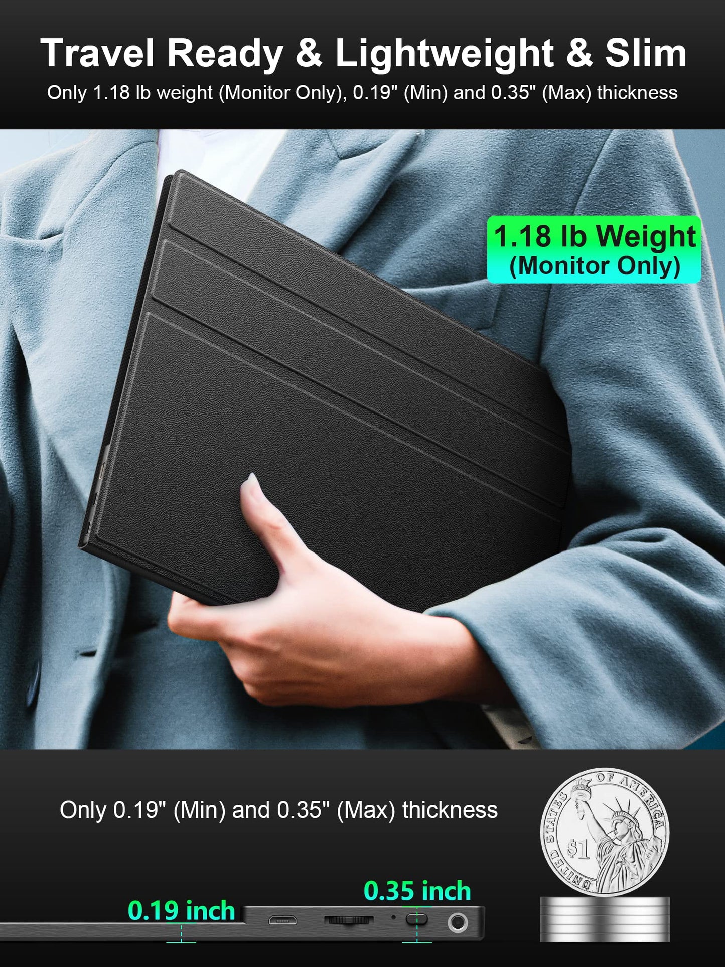 4K Portable Monitor, 16" 3840x2400 IPS Laptop Screen, 1500:1, 400 Nits Screen USB C HDMI Computer Gaming Display with Speakers & Smart Cover, Travel Monitor for PC Phone PS5/4 Xbox Switch