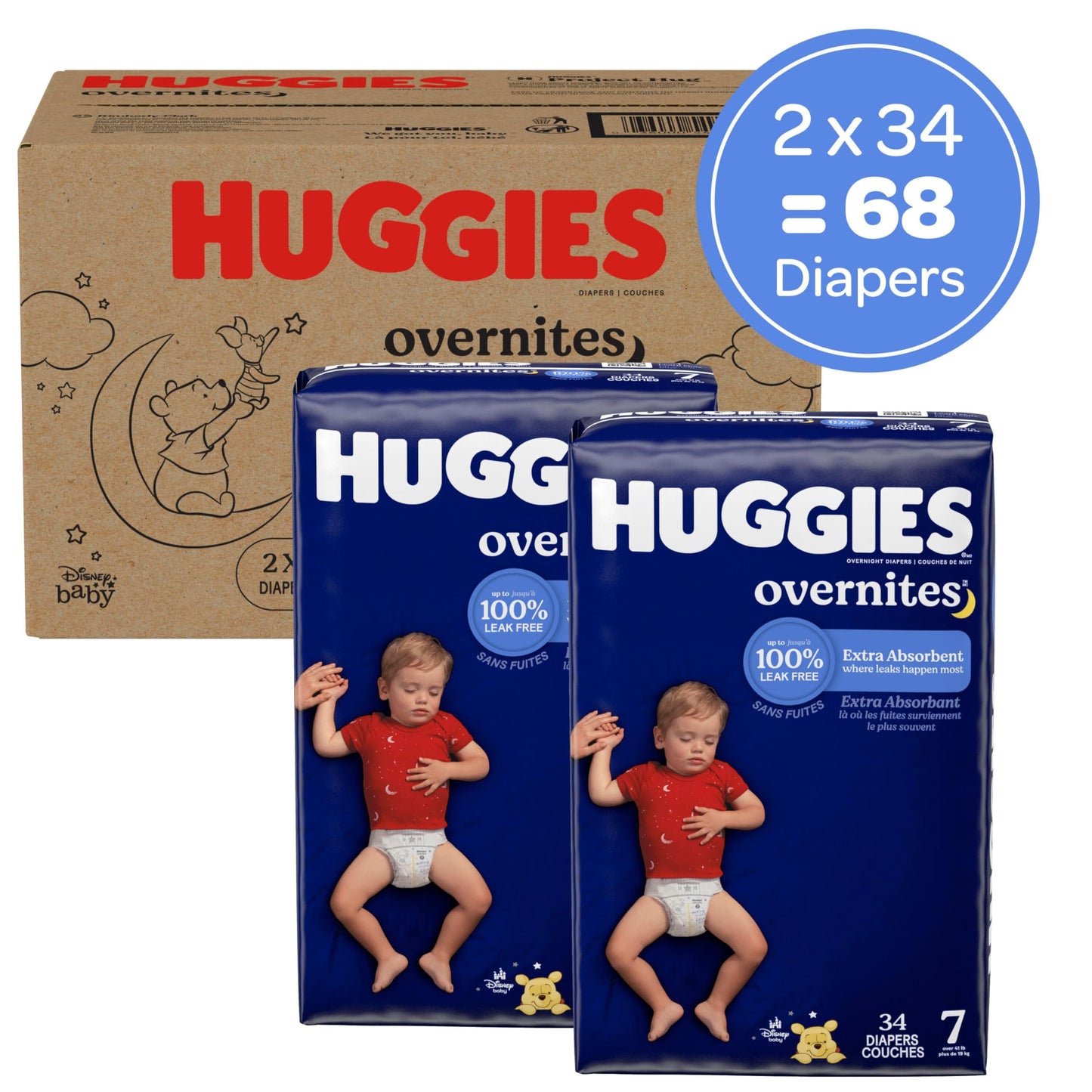 Huggies Size 7 Overnites Baby Diapers: Overnight Diapers, Size 7 (41+ lbs), 68 Ct (2 Packs of 34), Packaging May Vary
