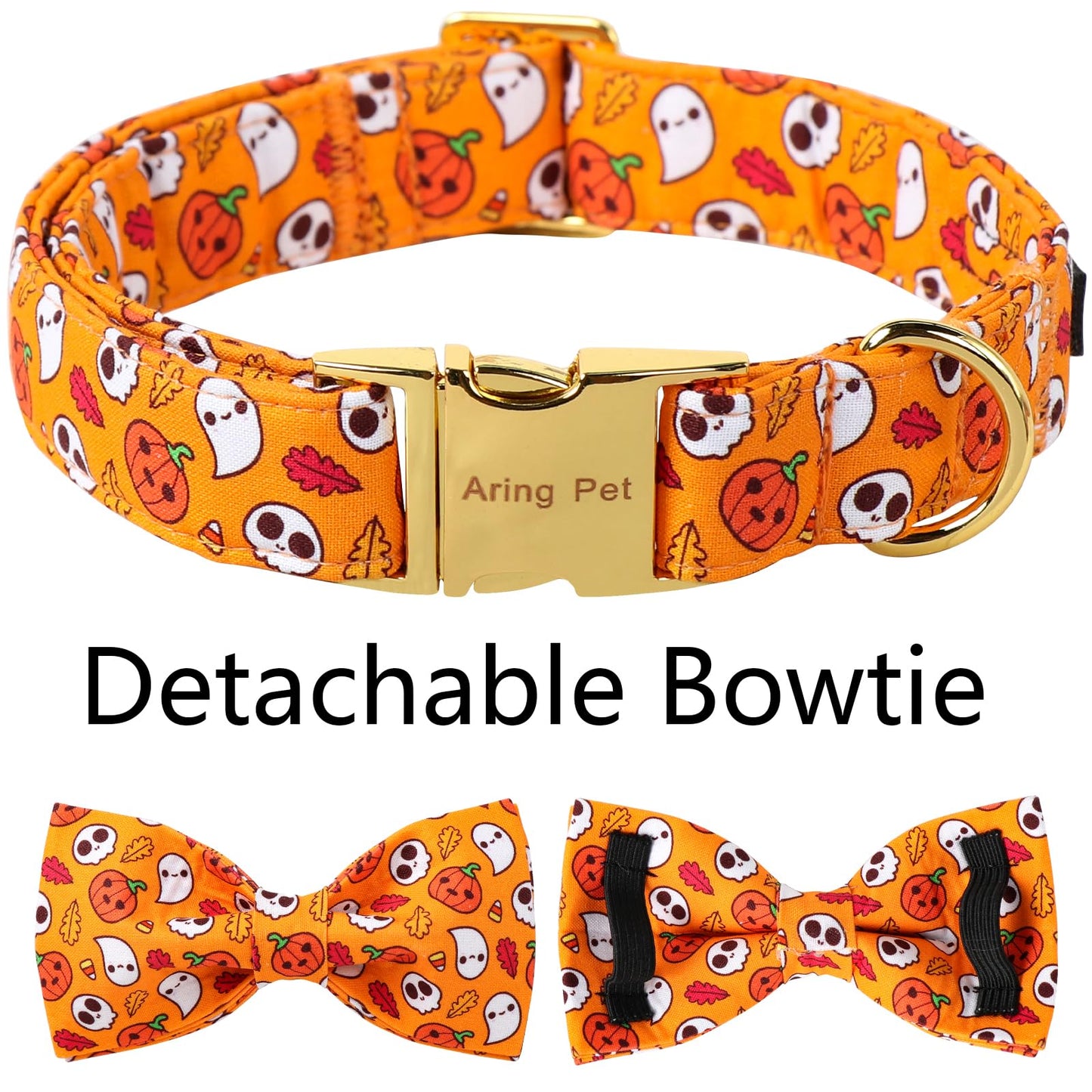 ARING PET Halloween Dog Collar with Bow, Cute Orange Ghost Pumpkin Pets Necklace Detachable Bow Tie Collars for Puppy Small Medium Large Girl Boy Dogs-XS